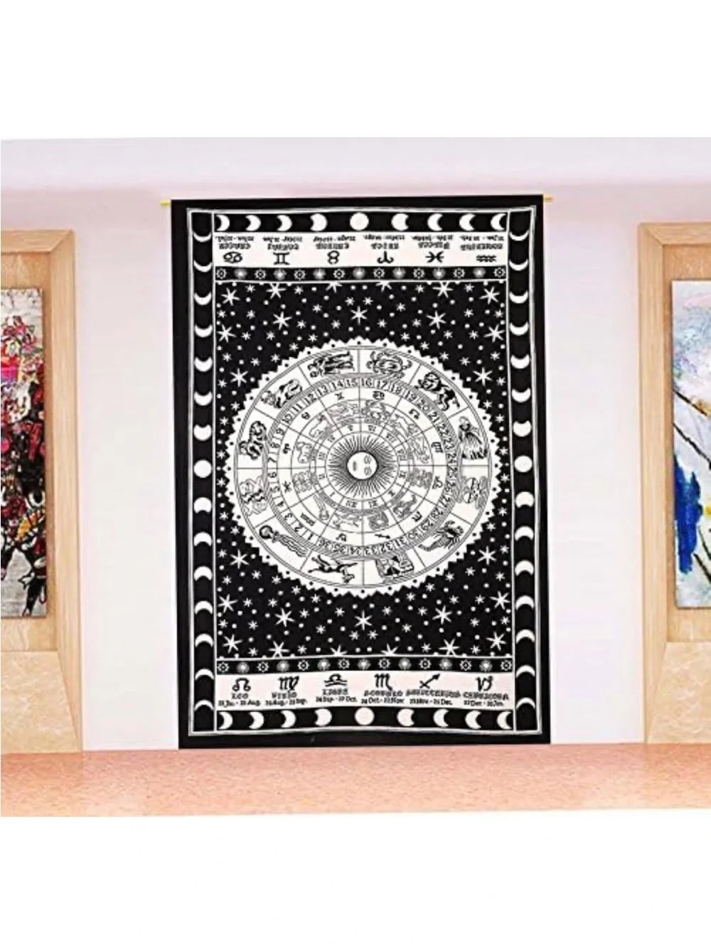 Black and White Zodiac Wheel Wall Tapestry With Stars